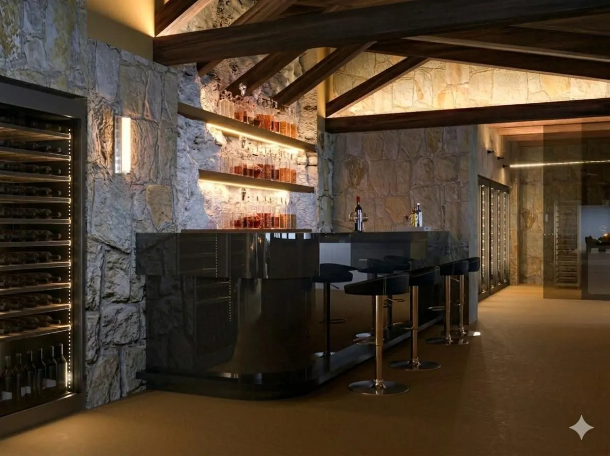 Interno ristorante centrale: pietra, legno, luce calda e tavoli fine dining