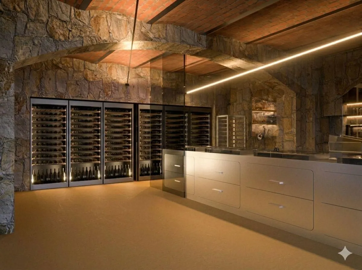 Sala ristorante con illuminazione scenografica e vetrate laterali