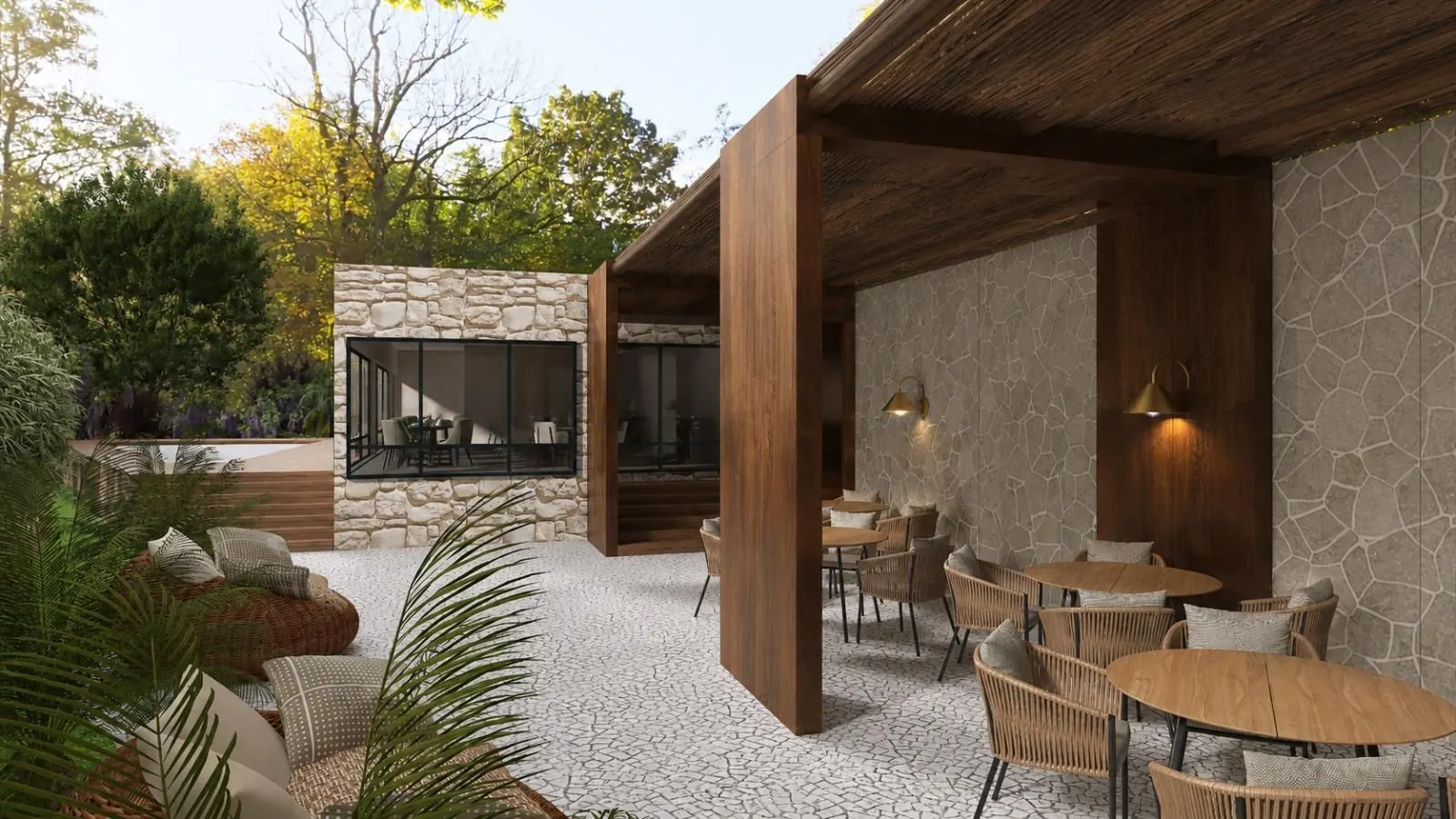 Ingresso e volume in pietra con piscina e deck