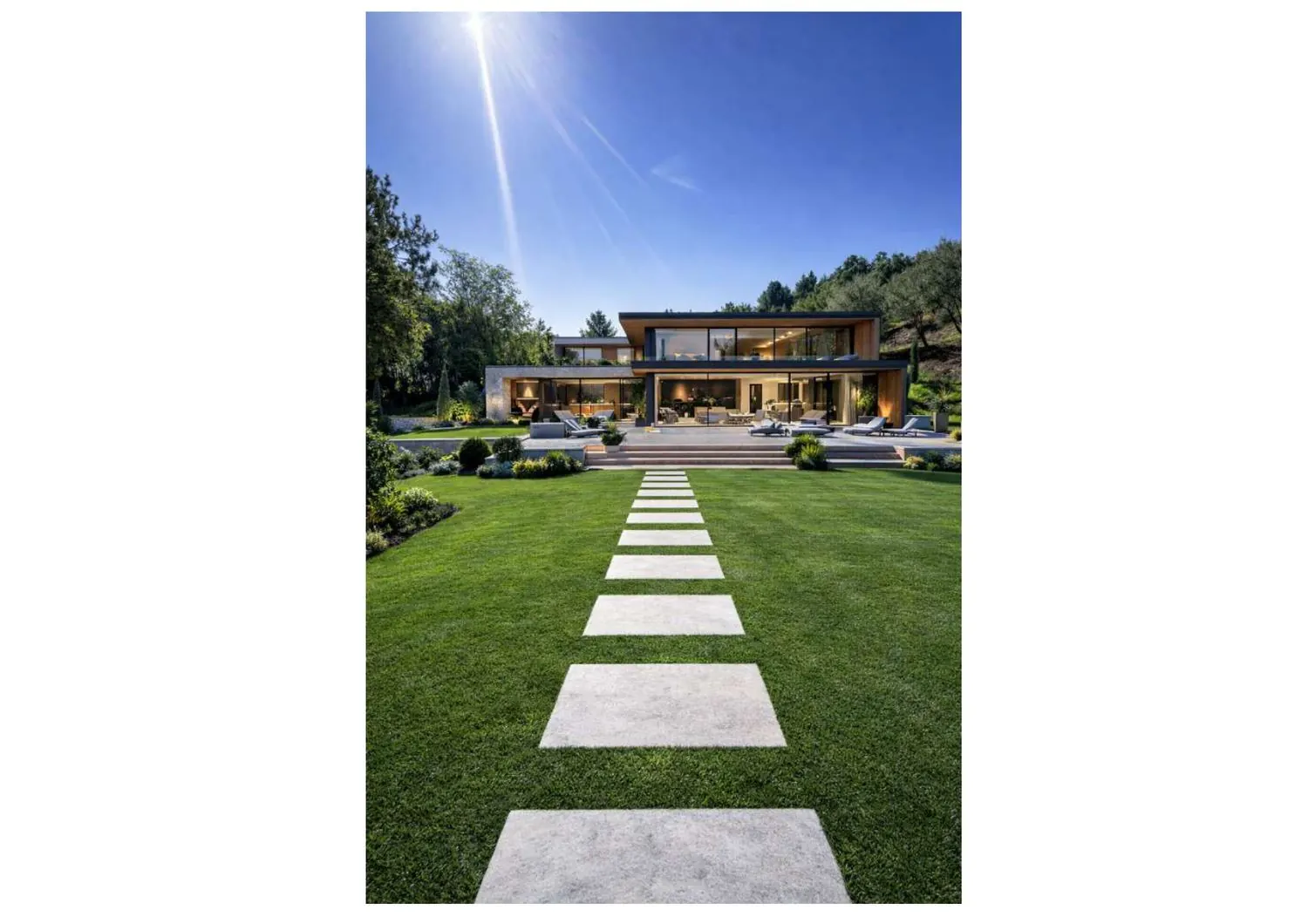 SPA dal PDF area benessere: ingresso verde, architettura contemporanea e percorso nel prato